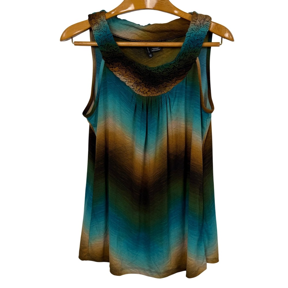 New Directions Womens L Sleeveless Blouse Blue Brown Ombre Ruffle Neck Stretch